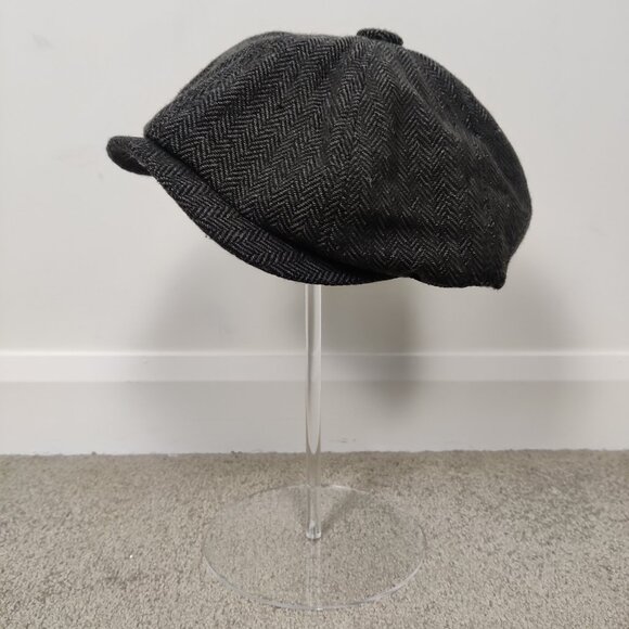 Men's Newsboy Hat Black Gray Herringbone Flat Cap Wool Blend Lined Vintage - Picture 1 of 7